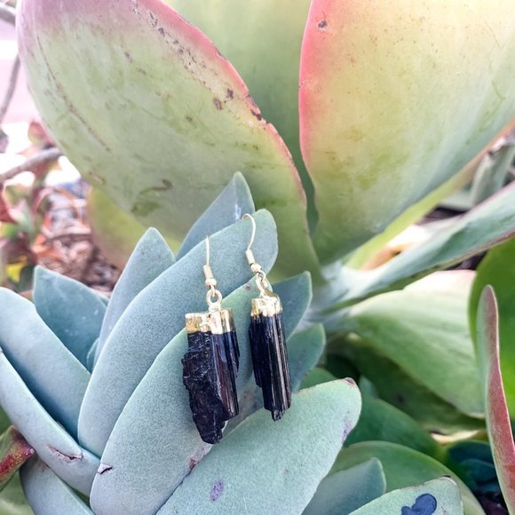 Raw Black Tourmaline Protection Earrings with Gold Trim – Grounding, Positivity - Picture 4 of 7